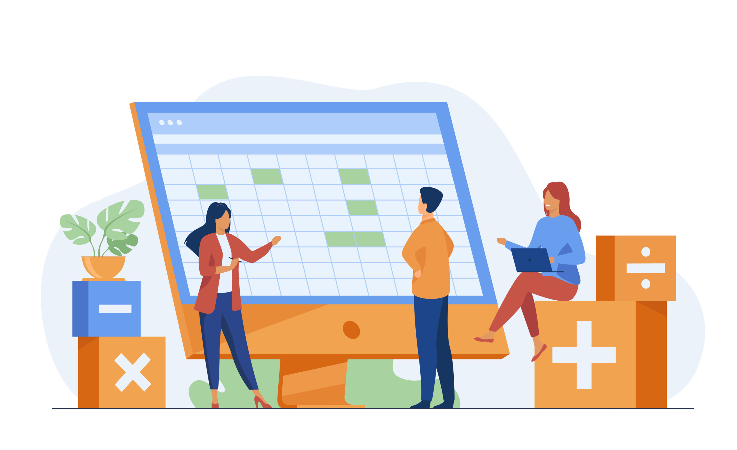 planejamento-financeiro Colleagues discussing accounting statistics report using software vector illustration. Bookkeeping and audit for annual and financial reporting concept for business presentation slides