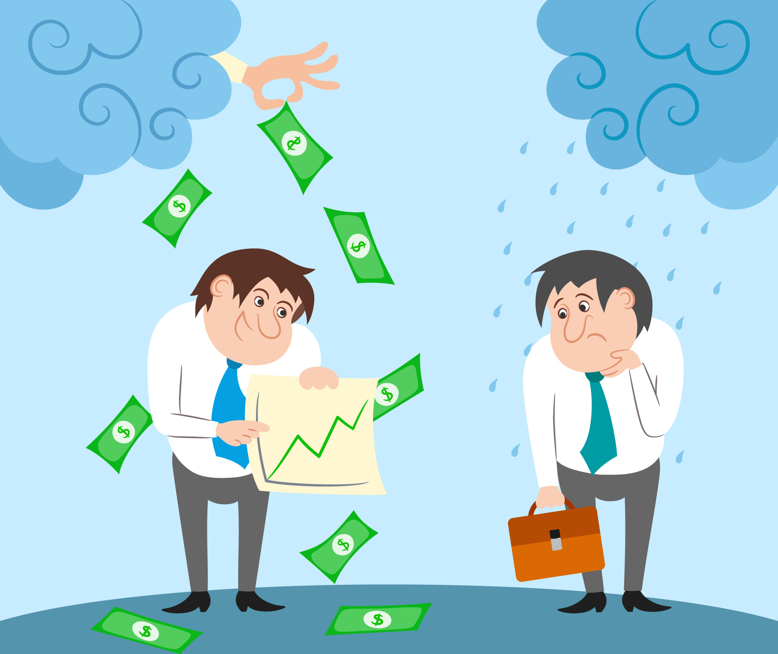 Adeus preocupações Successful and failed businessman characters contrast concept vector illustration